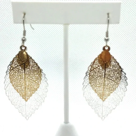 BOHO LEAF EARRINGS DROP EARRINGS NEW DOUBLE LEAF GOLD SILVER FAST SHIP! - Picture 6 of 7
